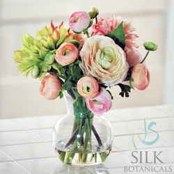 Dahlias and Ranunculus in Glass Vase 11 in. pink green